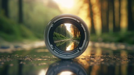 A camera lens focusing on a single element within a larger scene, symbolizing the ability to zoom in on important details within a vision.の素材