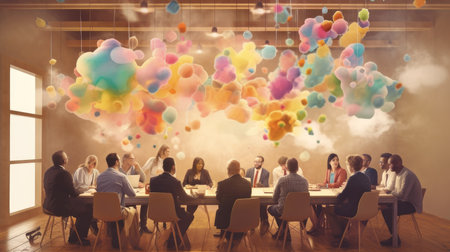 A brainstorming session with people surrounded by colorful thought bubbles, capturing the collaborative nature of idea generation.の素材