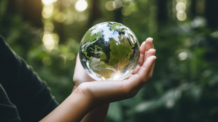 A globe cradled in hands with a lush forest backdrop, symbolizing the importance of sustainable practices for the health of the planet.の素材