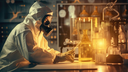 A scientist in a lab analyzing radioactive materials, highlighting the scientific aspects of nuclear energy research and safety.の素材