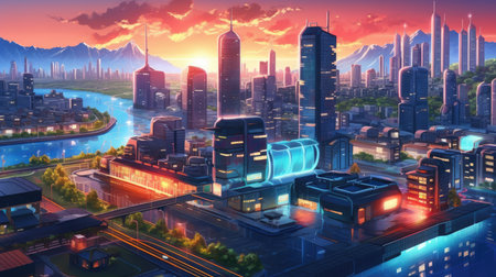 A cityscape with clean energy technologies like electric vehicles and solar panels, highlighting the role of sustainable energy in mitigating climate change.の素材