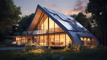 A modern, well-insulated home with solar panels on the roof, exemplifying energy-efficient construction and renewable energy integration.の素材