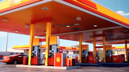 A gas station with fuel pumps, symbolizing the distribution and consumption of gasoline as a primary energy source.の素材