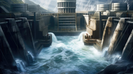 A hydroelectric dam with rushing water turning turbines, showcasing the utilization of water's kinetic energy for power.の素材