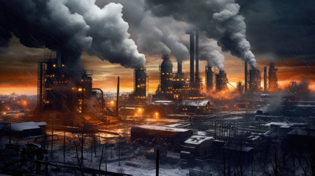 Factory smokestacks emitting plumes of steam, representing the industrial setting and the production of goods.の素材
