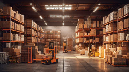 A warehouse with goods being organized and shipped, representing the efficient flow of products within the logistics system.の素材