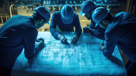 Engineers collaborating around a blueprint, embodying the teamwork and innovation behind electrical system development.の素材
