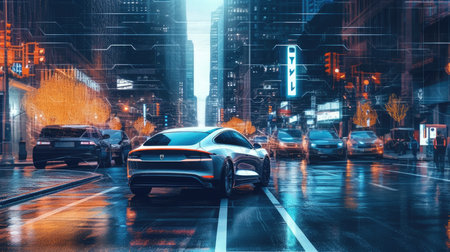 A self-driving car navigating city streets with AI algorithms, showcasing the advancement of AI in autonomous vehicles.の素材