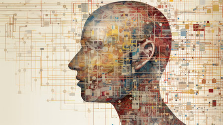 An AI-powered machine "learning" from a dataset, symbolizing the process of pattern recognition and data-driven decision-making.の素材