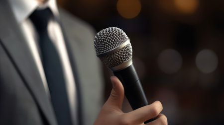 A person speaking while a microphone captures speech, symbolizing the input of natural language text for NLU analysis.の素材