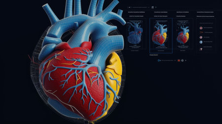 Visualize a 3D model of the heart with labels for each component, providing an educational perspective.の素材
