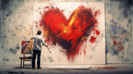 An image of an artist painting a heart on a canvas, symbolizing the expression of emotions through creative art.の素材