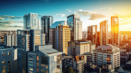 Real estate investments involve properties such as houses, apartments, and commercial spaces. Imagine a city skyline with different property types to represent the diversity of real estate investments.の素材