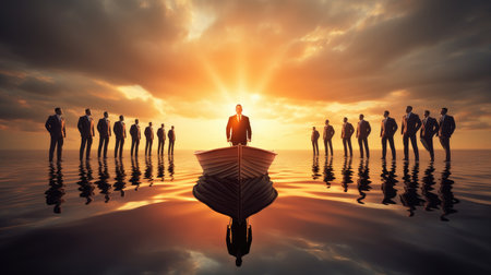 An image of a leader guiding a team towards a common goal, symbolizing effective leadership management.の素材