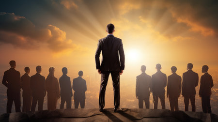 Visualize a person demonstrating inspirational leadership qualities and motivating their team for success.の素材