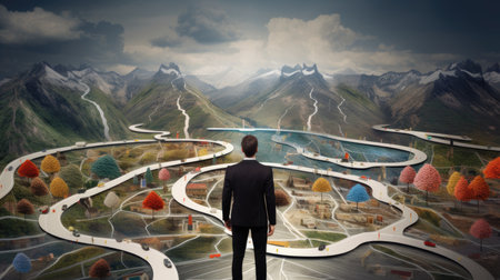 A person with a roadmap for change, symbolizing the strategic planning involved in change management.の素材