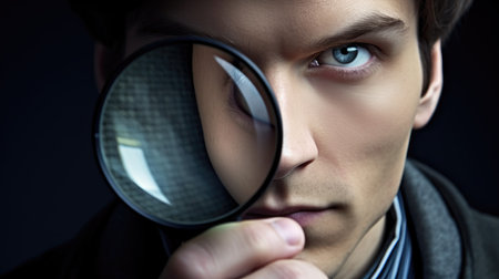 A person with a magnifying glass, emphasizing the attention to detail and adherence to professional standards.の素材