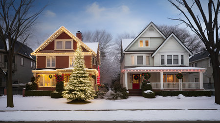 A comparison between residential and commercial holiday light installations, symbolizing the diverse settings for professional servicesの素材