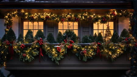 Close-up shots of outdoor Christmas light arrangements on trees, roofs, and bushes, highlighting the intricate decorationsの素材