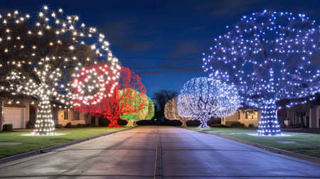 A comparison between residential and commercial holiday light installations, symbolizing the diverse settings for professional servicesの素材