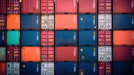 An image of shipping containers stacked at a port, symbolizing the use of containers for transporting and storing goods.の素材