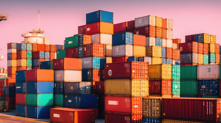 An image of shipping containers stacked at a port, symbolizing the use of containers for transporting and storing goods.の素材