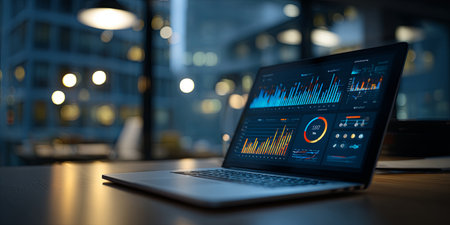 Professional working with data visualization and project management tools on a laptop screen in a modern office environment, focusing on performance metricsの素材