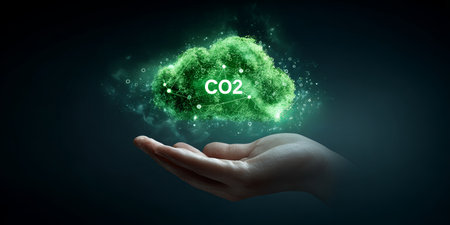 Hand holding a glowing green cloud with CO2 symbols and icons representing sustainability, reduction, and environment concepts against a dark backgroundの素材
