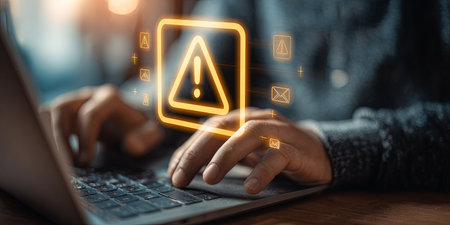 Man Using Laptop with Overlaid Warning Symbols and Email Icon Representing Cybersecurity Threats and Digital Communication Risksの素材