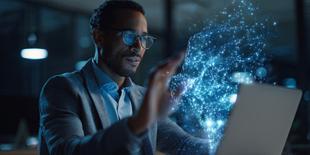 Business professional interacting with futuristic AI interface on laptop, exploring technology innovation, generating creative solutions and digital potentialの素材