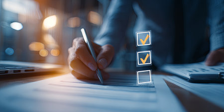 Digital verification process with checkmarks and documents being selected by a business professional in a modern office environmentの素材