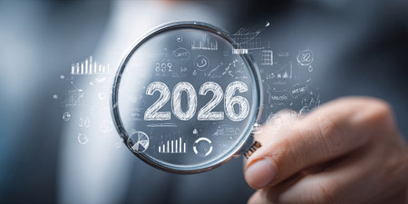 Person holding magnifying glass focusing on year 2026 with business icons and graphs representing future planning, innovation, and strategy conceptsの素材