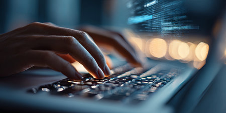 Hands typing on laptop keyboard with digital interface displaying data search and AI concepts in modern workspace environmentの素材