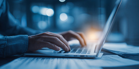 Virtual Invoice Management Concept with Hands Typing on Laptop and Digital Documents Representing Efficient Billing Process in Modern Business Environmentの素材