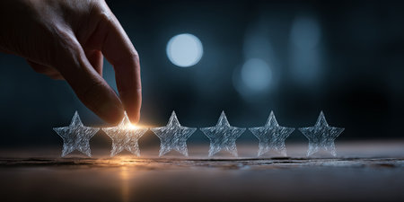 Evaluation and Feedback Process Represented by Rating Stars and a Hand Focused on Five Stars for Reviews and Customer Satisfactionの素材