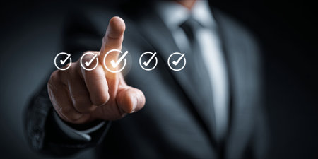 Businessman Holding Hand with Approval Symbols and Icons Representing Verification, Quality Assurance, and Document Validation in a Professional Settingの素材