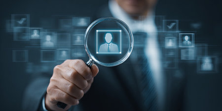 Businessman Holding Magnifying Glass with Digital Checklists and Profiles, Symbolizing Recruitment, Analysis and Technological Innovation in Modern Workplaceの素材