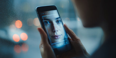 User interaction with smartphone displaying facial recognition technology for secure access and identity verification in digital applicationsの素材