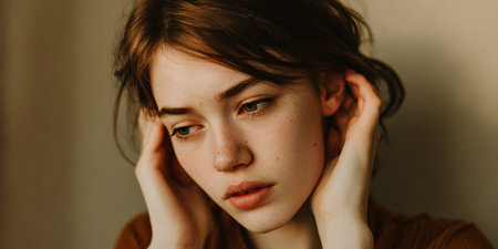 Close-Up of a Young Woman Touching Her Ear with One Hand, Experiencing Discomfort While the Other Hand Holds Her Head with Concern in a Softly Lit Settingの素材