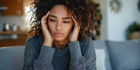 Woman with headache holding her head in discomfort while sitting in a cozy living room environment, expressing stress and tension during daily lifeの素材
