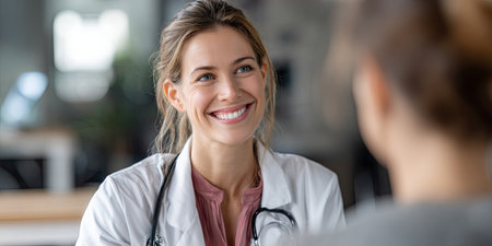 Caring healthcare professional interacts with patient in a modern clinic environment, offering support and guidance with empathy and expertise.の素材