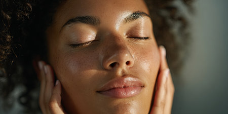 Woman with closed eyes touching her face in a peaceful setting, expressing tranquility, mindfulness, and self-care in a calm environmentの素材