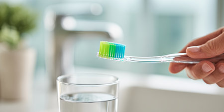 Hand Holding Toothbrush with Green and Blue Bristles in a Glass on Bathroom Counter with Soft Natural Light and Clean Backgroundの素材