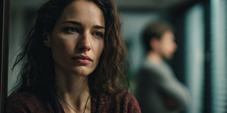 Emotionally charged moment of a woman lost in thought, reflecting on unresolved issues in a tense relationship with a disheartened man in the backgroundの素材