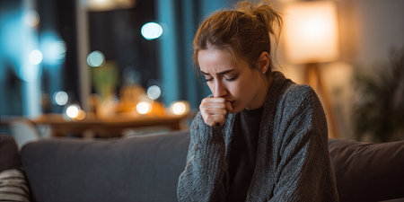 Young woman experiencing difficulty in breathing while sitting on a cozy couch in a modern living room, showing signs of distress and anxietyの素材