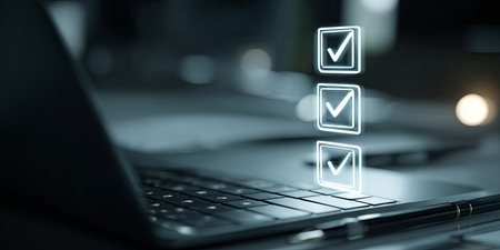 Digital interface showcasing user checklists and verification symbols, highlighting productivity and workflow efficiency in modern office environmentの素材