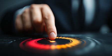 Businessman Touching Risk Meter Indicator for Risk Evaluation and Decision Making in Finance, Investment, and Enterprise Management Strategiesの素材