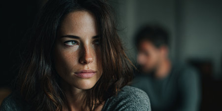 Emotionally charged moment of a woman lost in thought, reflecting on unresolved issues in a tense relationship with a disheartened man in the backgroundの素材