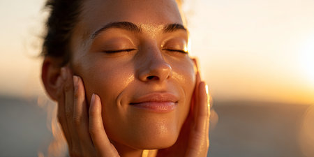 Woman with closed eyes touching her face in a peaceful setting, expressing tranquility, mindfulness, and self-care in a calm environmentの素材