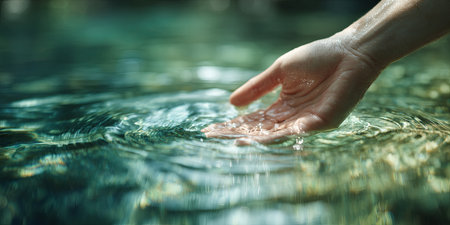 Close-Up of a Hand Gently Touching Crystal Clear Water in a Tranquil Outdoor Setting with Calm Reflections and Gentle Ripple Effectsの素材